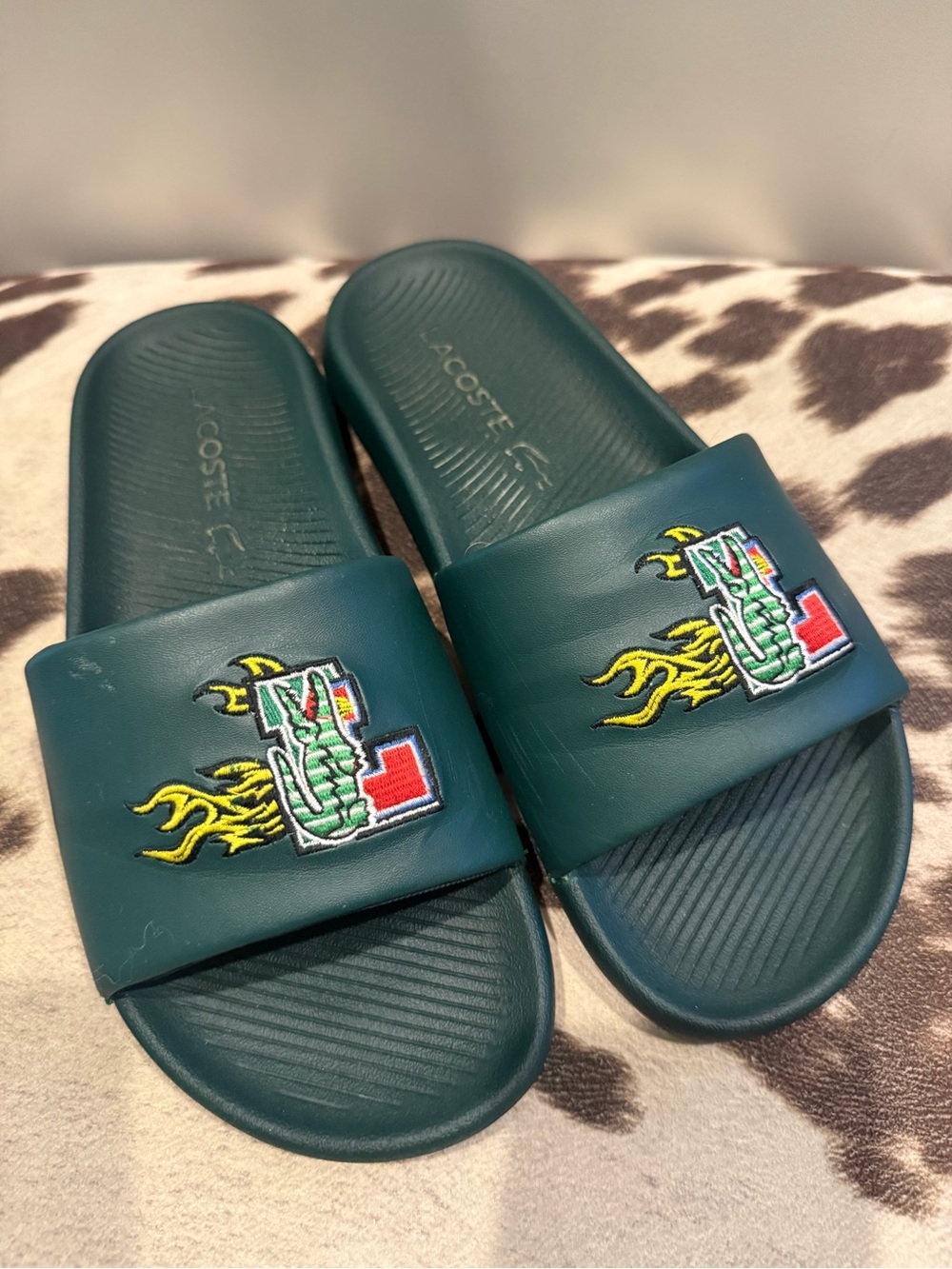 Lacoste Dark Green Slide Sandal with Embroidered Croc